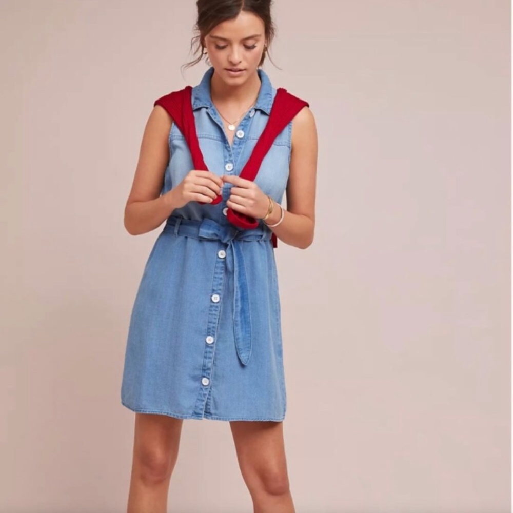 Anthropologie Cloth & Stone Belted Chambray Button Down Mini Dress XS